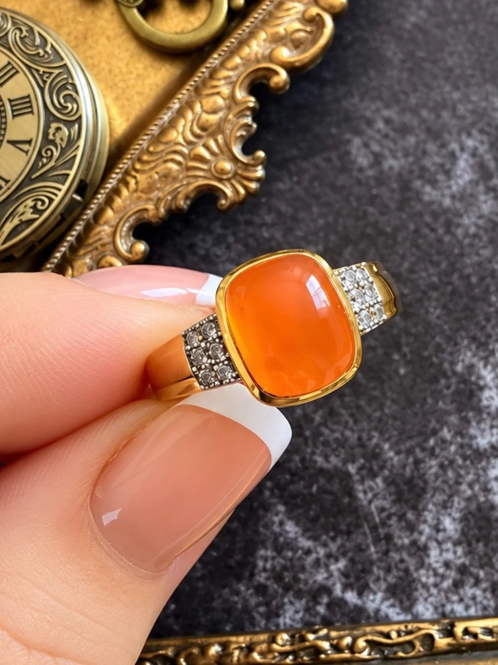 🆕 SONI • Gold Ring Orange Cabochon Crystal Stones Cocktail  Ring